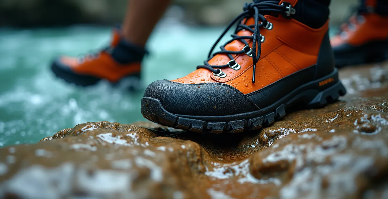 Detalle macro de botas de barranquismo especializadas sobre roca caliza mojada