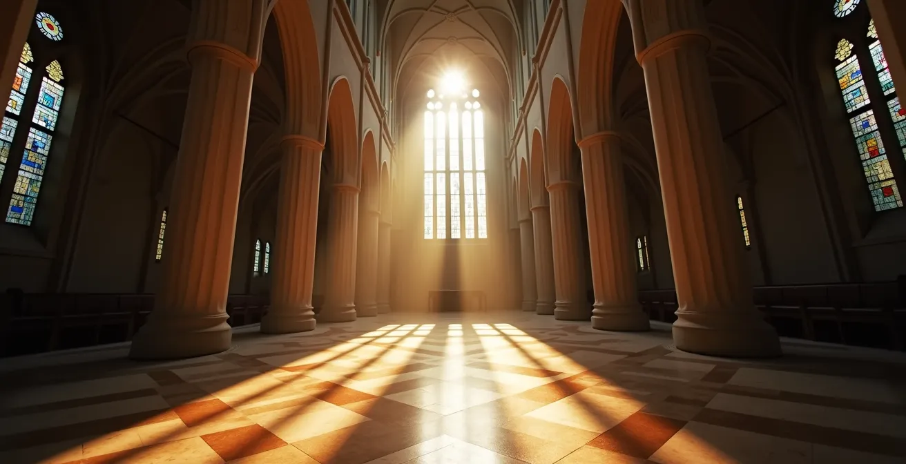 Interior de catedral con luz filtrada creando atmósfera espiritual