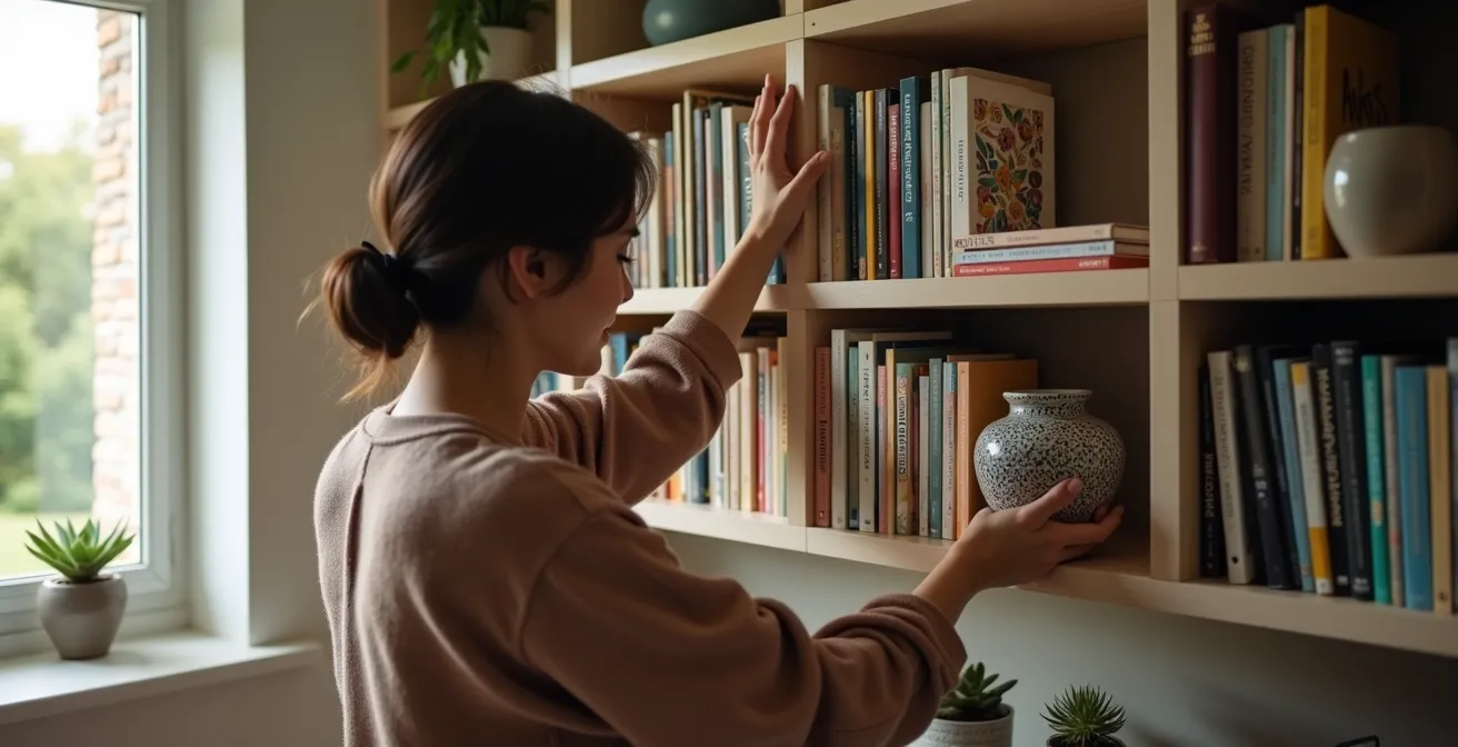 Estantería con libros y objetos decorativos españoles mostrando espacios vacíos estratégicos