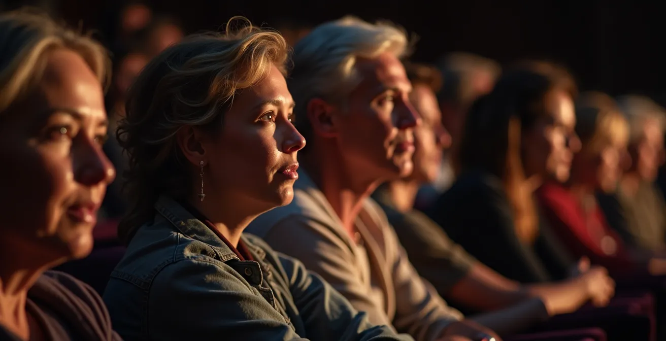 Público diverso en teatro disfrutando una obra con pantallas de sobretítulos discretas