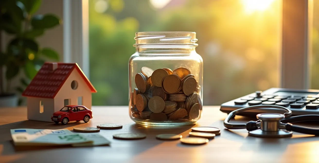 Composición visual mostrando diferentes elementos del ahorro familiar y planificación financiera