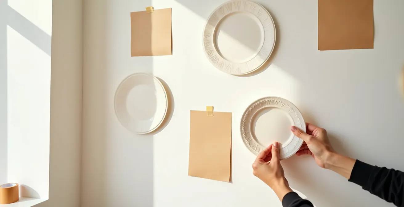 Composición de cuadros y objetos decorativos españoles en pared siguiendo eje central