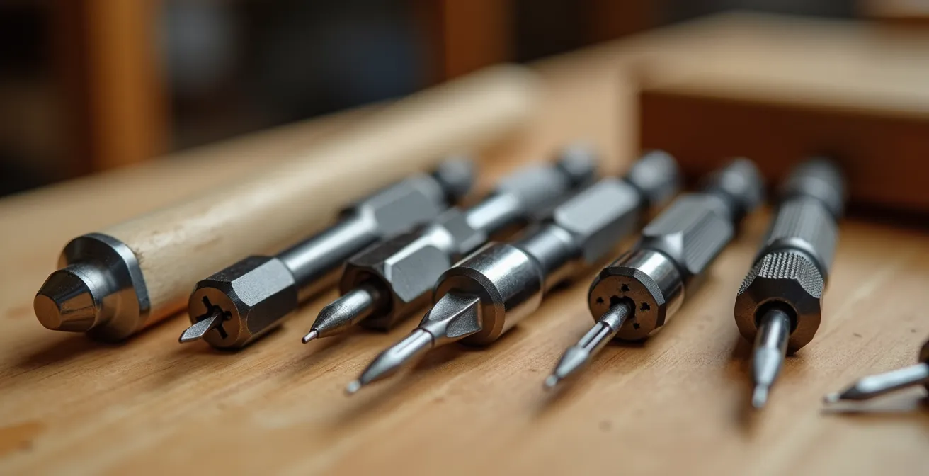 Kit profesional de herramientas para montaje de muebles sobre mesa de trabajo