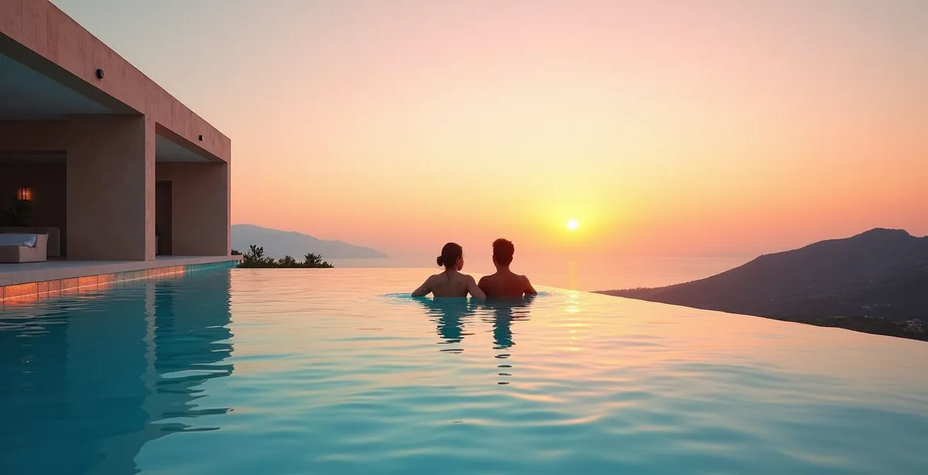 Piscina infinita de hotel adults only al atardecer con pareja relajándose