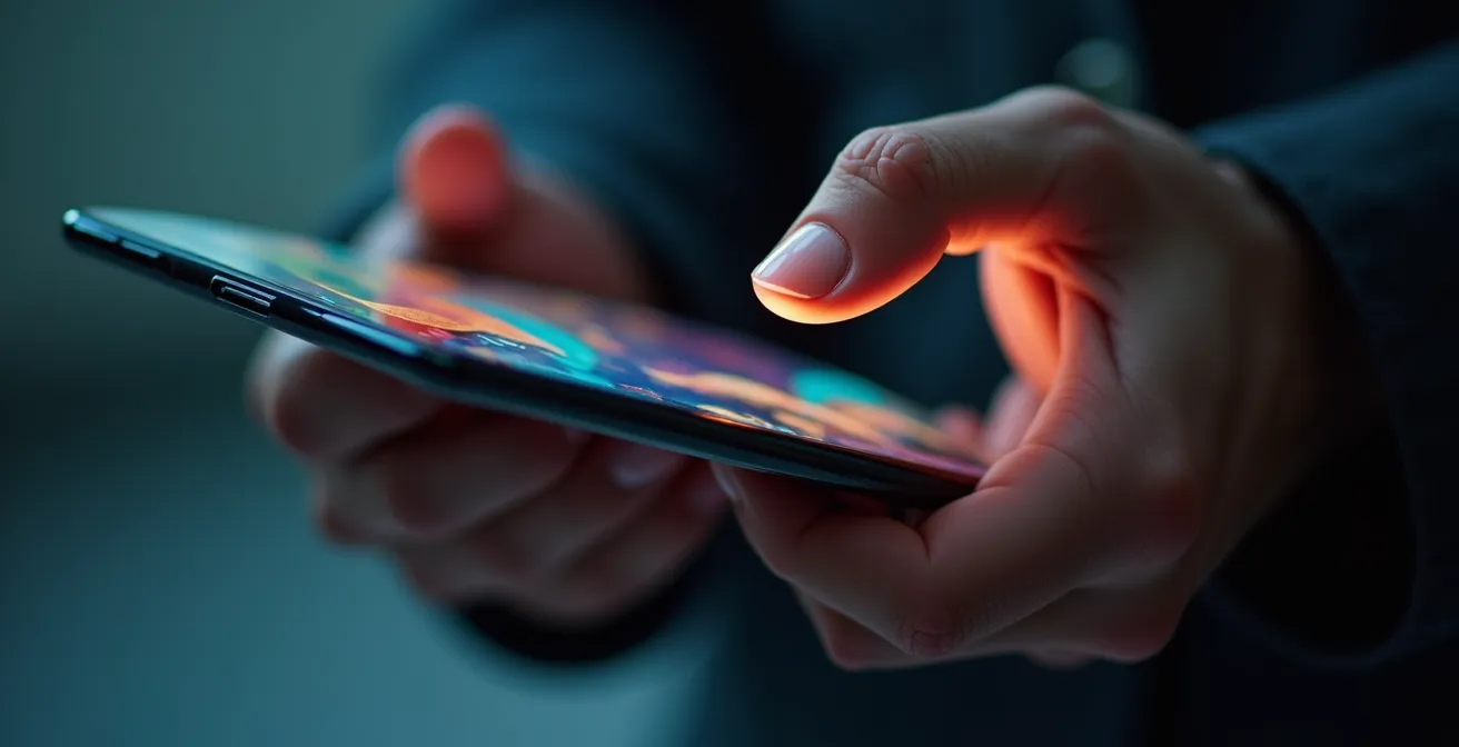Vista macro de mano sujetando smartphone con reflejos de luz en la pantalla