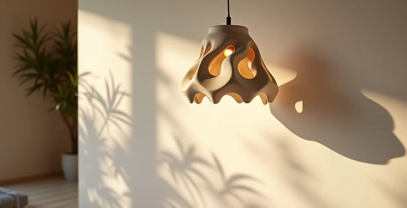 Lámpara de formas orgánicas proyectando sombras dinámicas en pared mediterránea