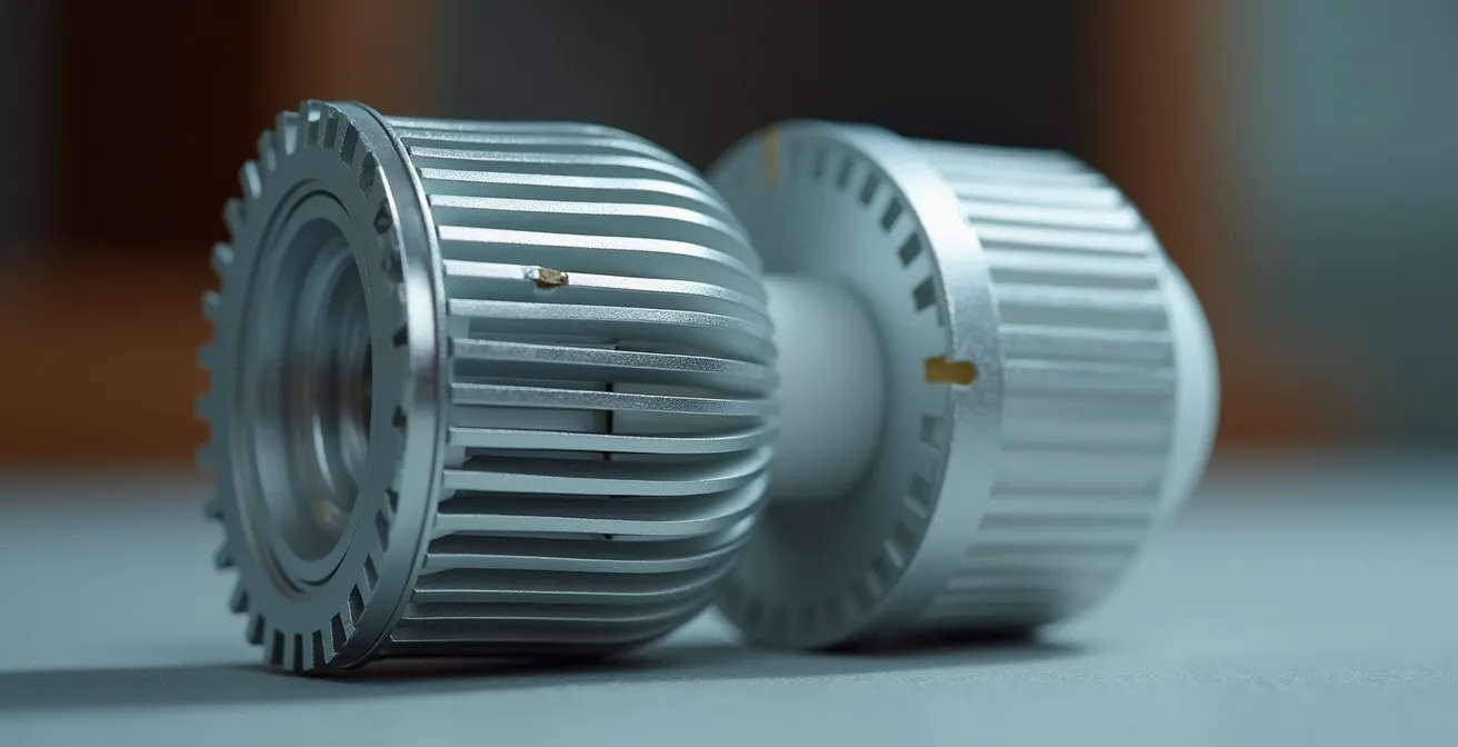 Comparación macro de componentes LED de alta y baja calidad