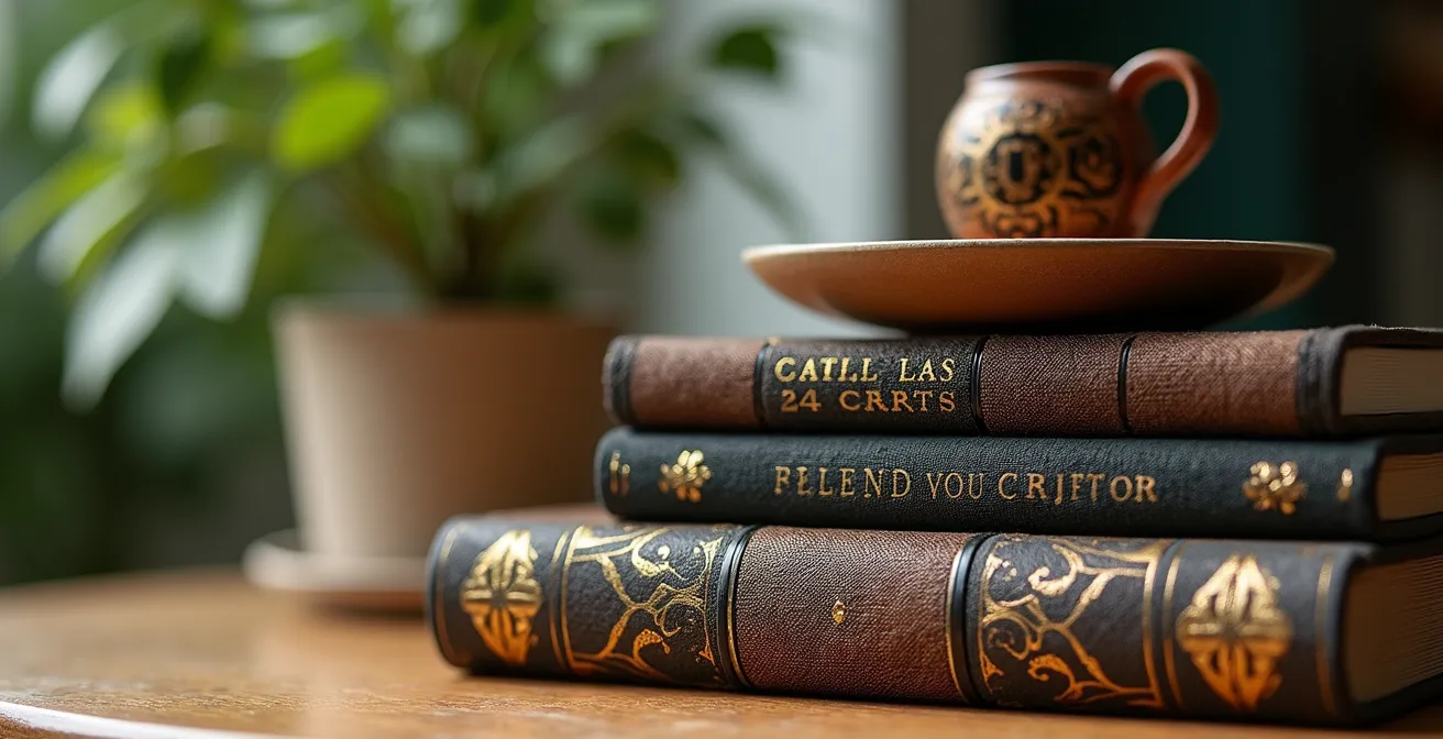 Libros de arte apilados estratégicamente sobre mesa de centro con elementos decorativos españoles