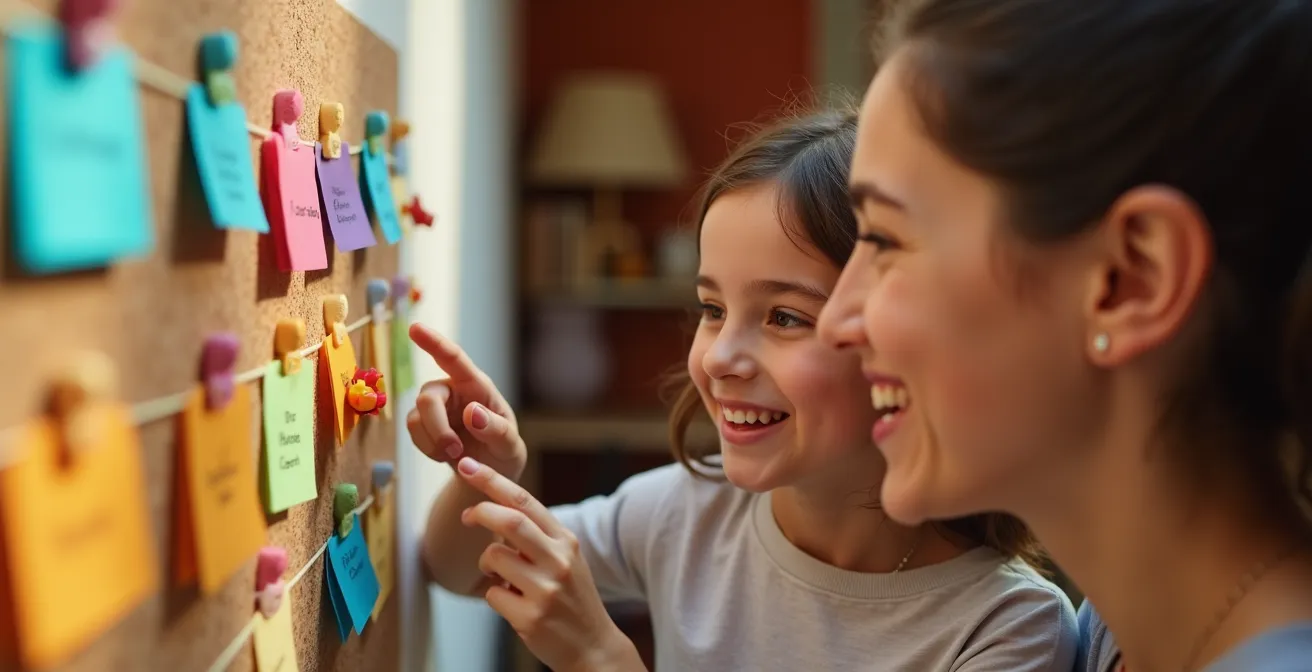 Pizarra colorida con bloques de tiempo ilustrados para rutina vespertina infantil