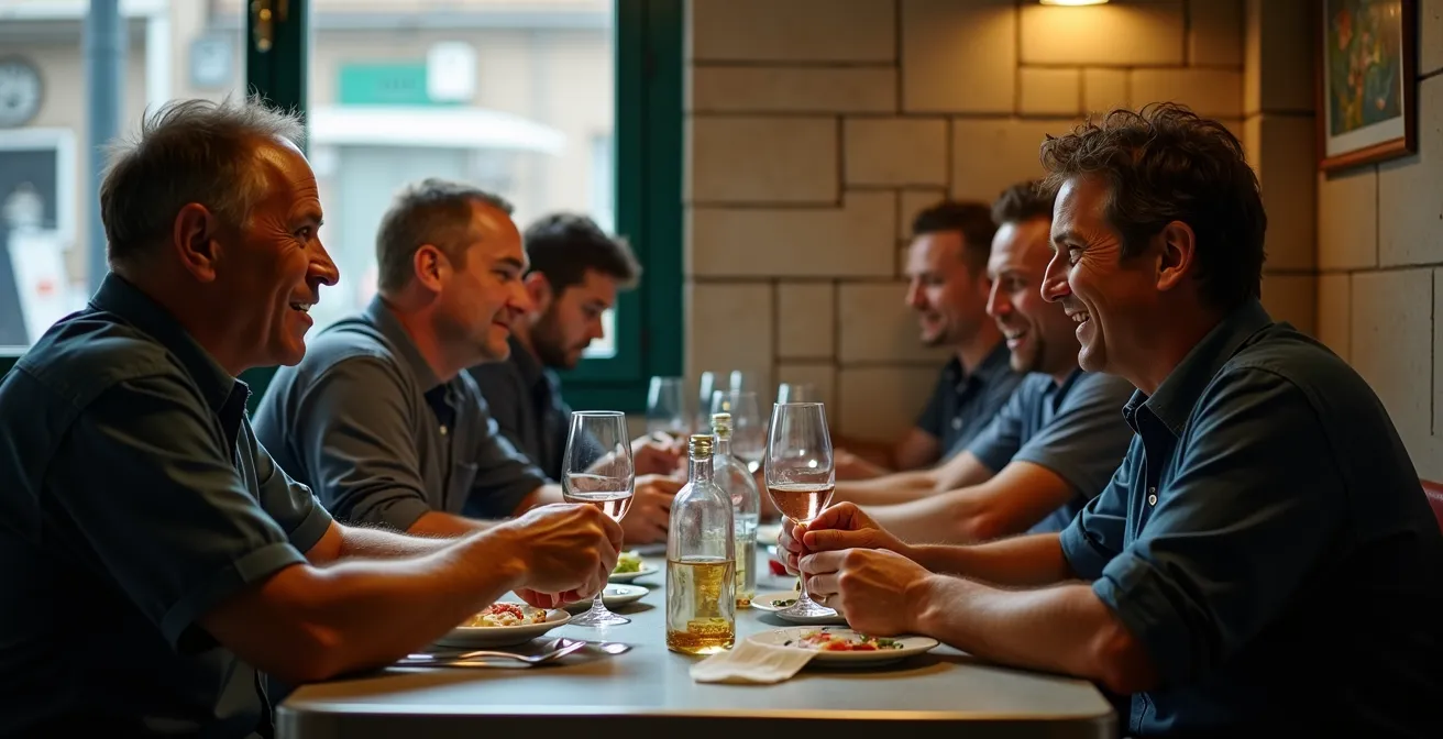 Interior de bar de polígono industrial con trabajadores locales almorzando