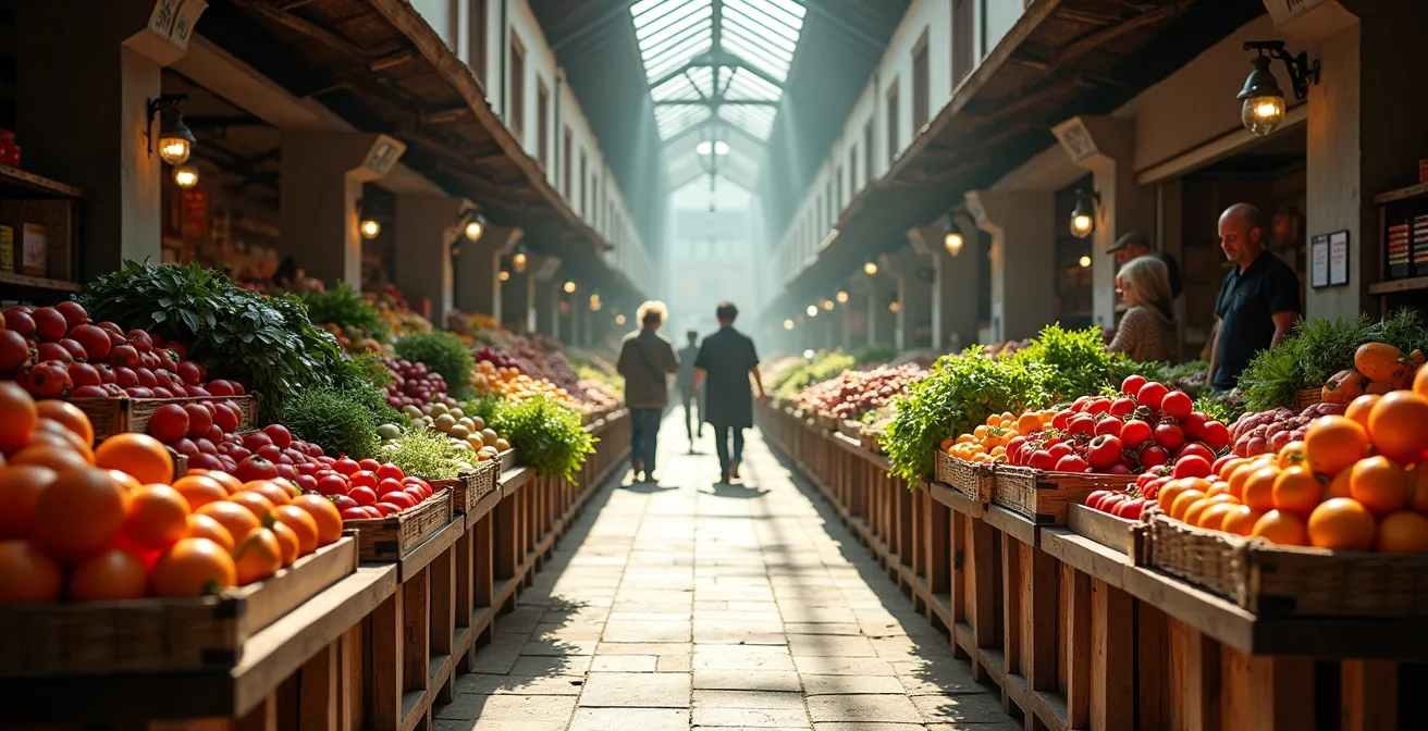 Vista de un mercado de abastos español con puestos de verduras y frutas de temporada