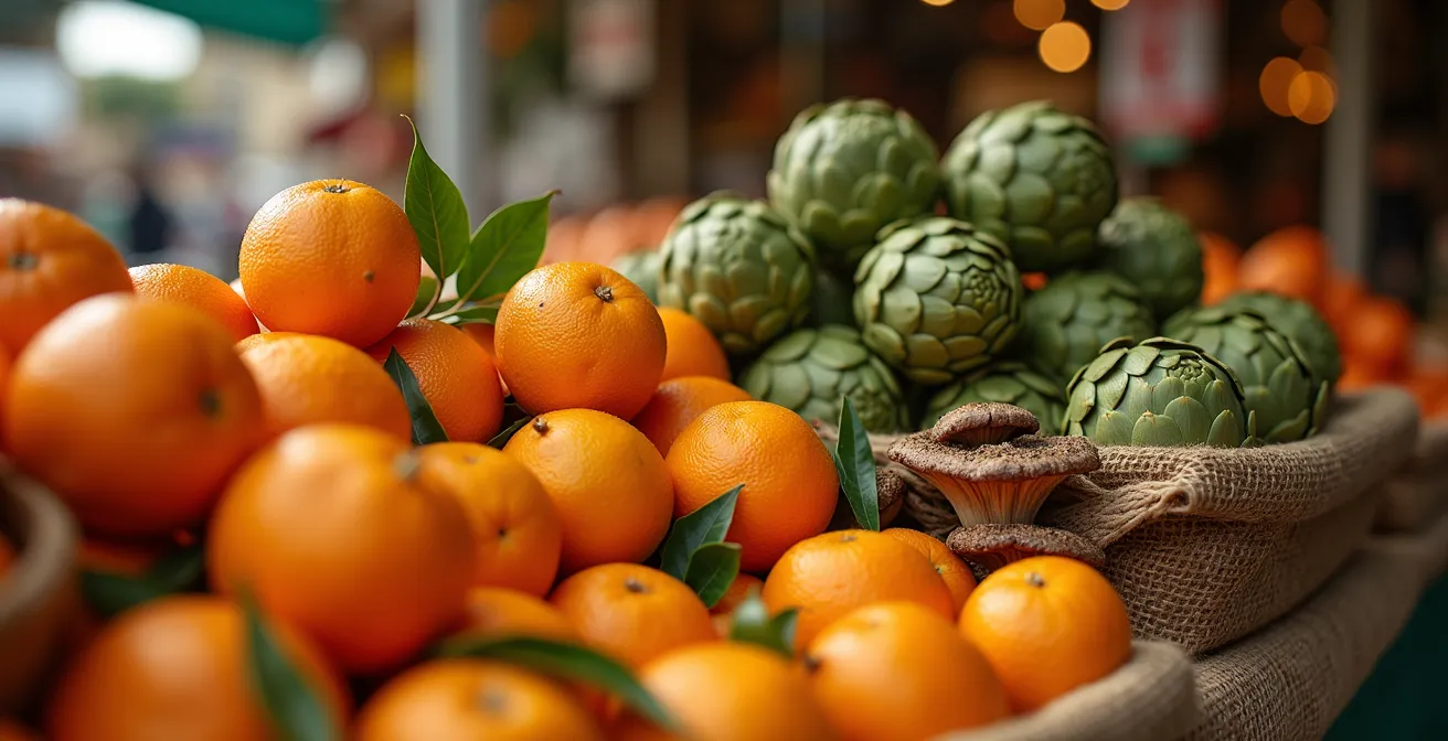 Vista macro de productos frescos de temporada en un mercado español tradicional