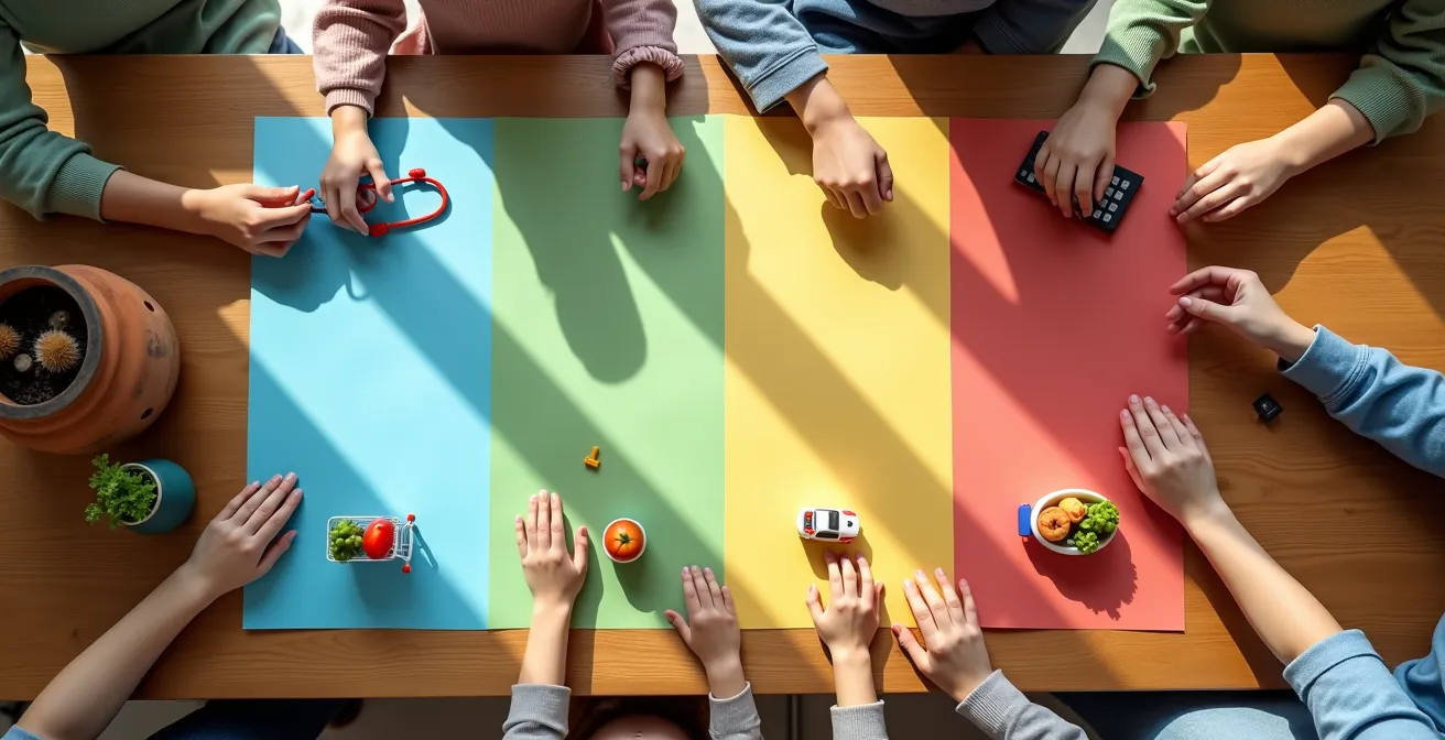 Mapa mental colorido mostrando la distribución de responsabilidades familiares por áreas