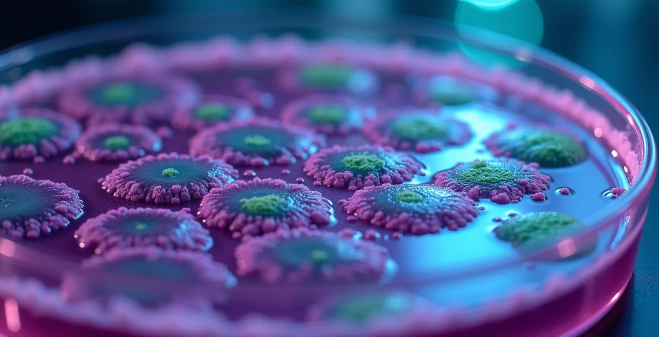 Vista microscópica de contaminación bacteriana en cosméticos