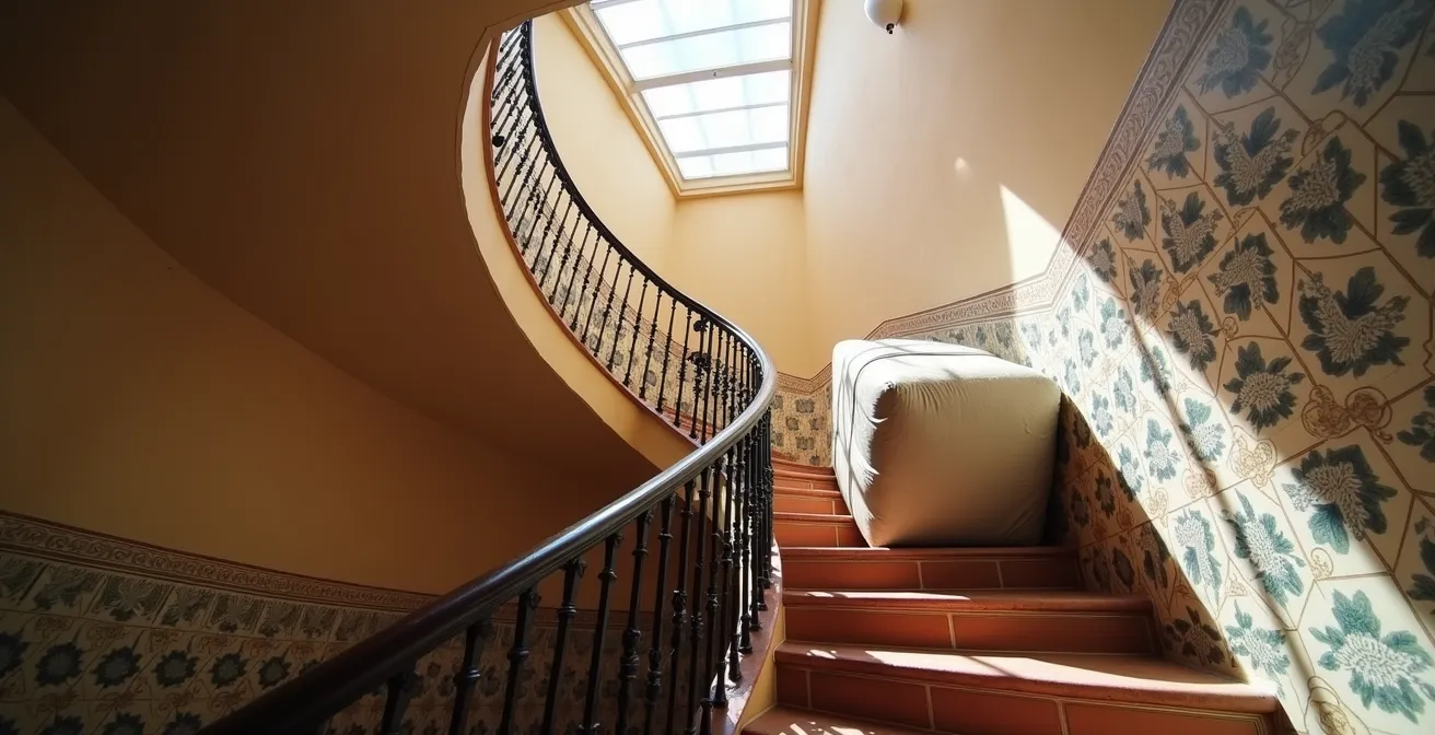 Piezas de muebles modulares transportándose por escalera de edificio antiguo español