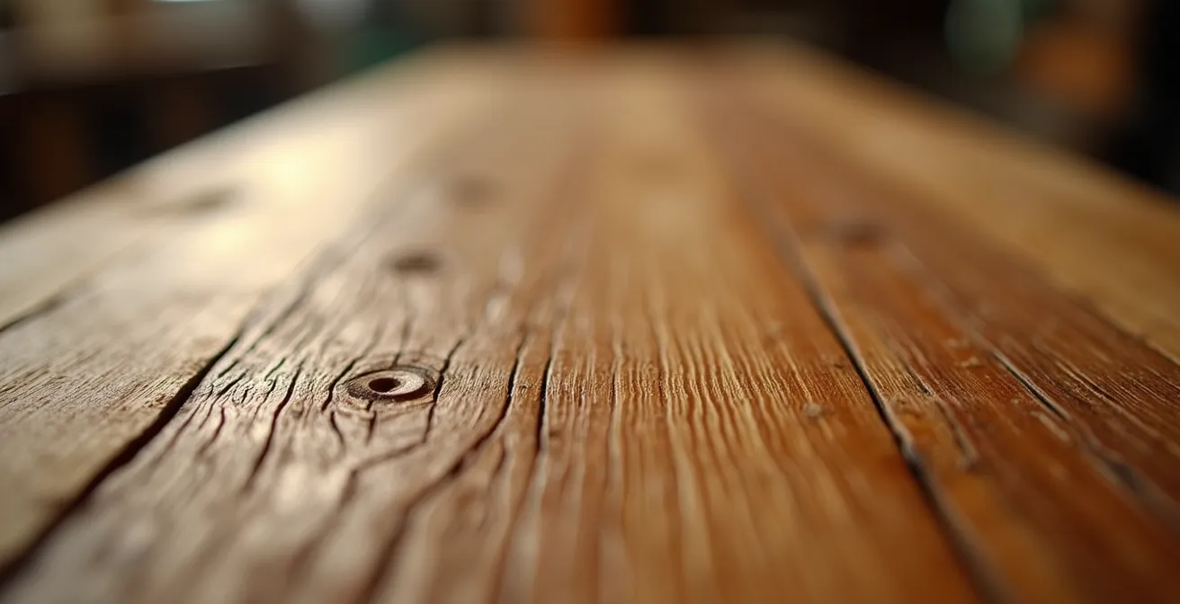 Detalle macro de veta de madera de roble macizo español mostrando textura y calidad natural