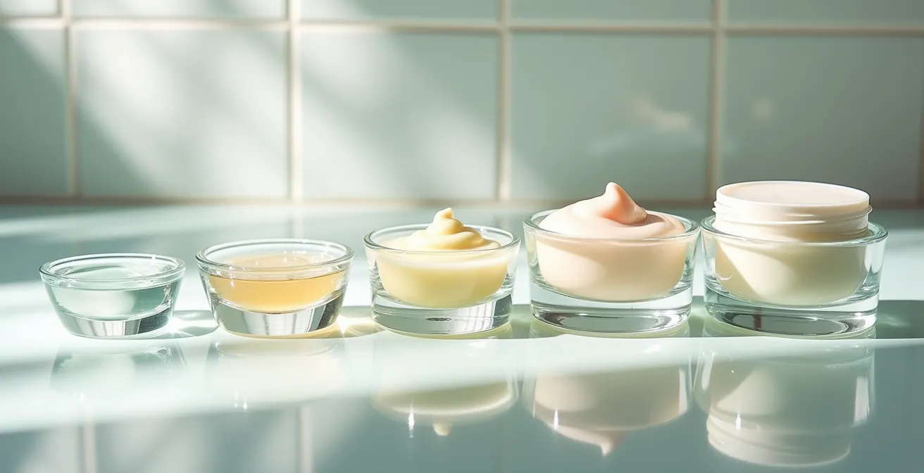 Vista lateral de diferentes texturas cosméticas en gradiente de viscosidad