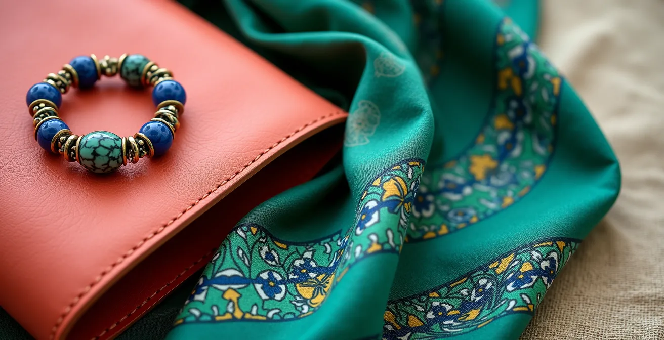 Composición artística de accesorios coloridos españoles sobre fondo neutro minimalista