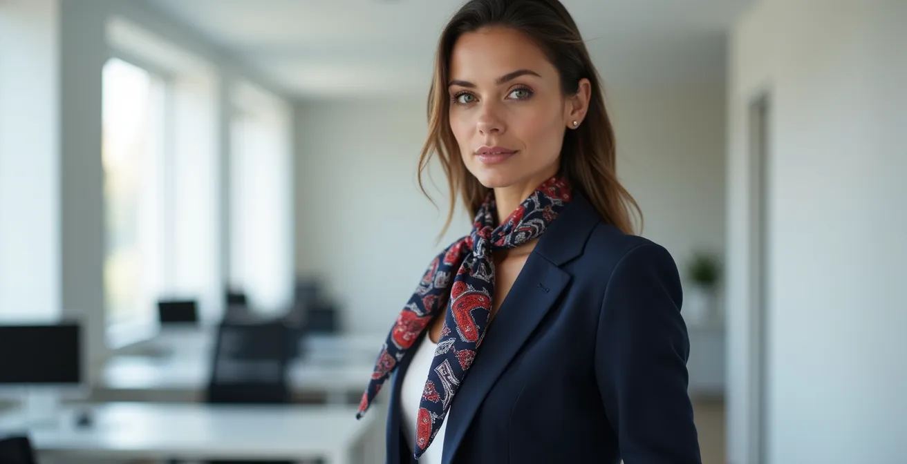Mujer ejecutiva con traje sastre y pañuelo de seda colorido anudado creativamente