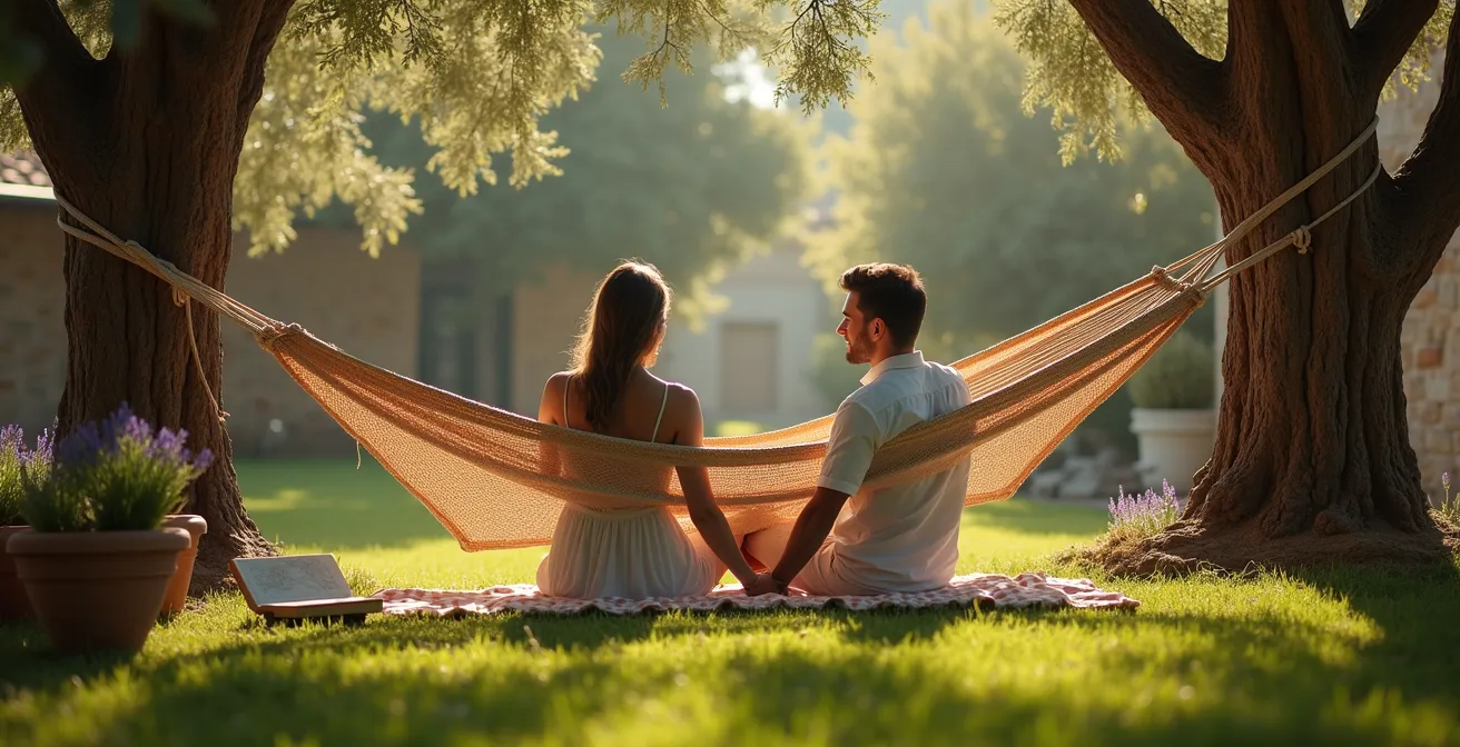 Pareja descansando en hamaca en jardín de hotel rural español