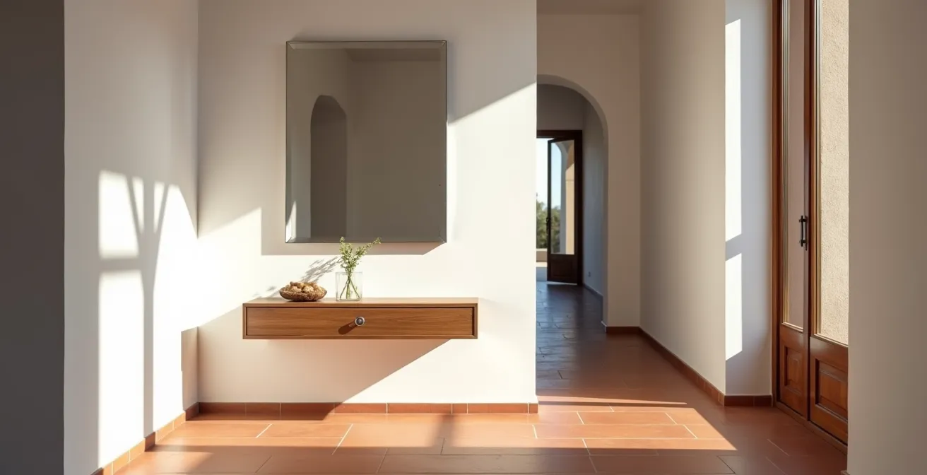 Pasillo de piso español con consola flotante estrecha y espejo que amplía visualmente el espacio
