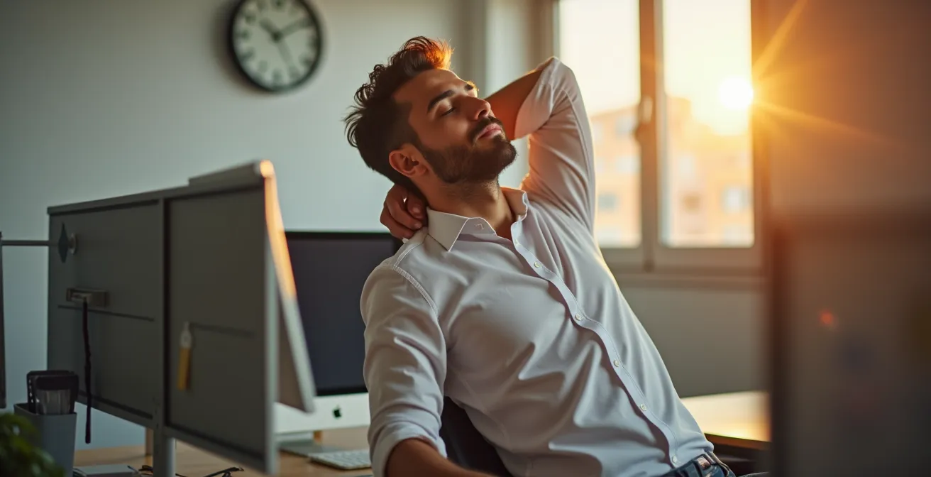 Trabajador realizando micropausa de estiramiento en oficina española a las 17h