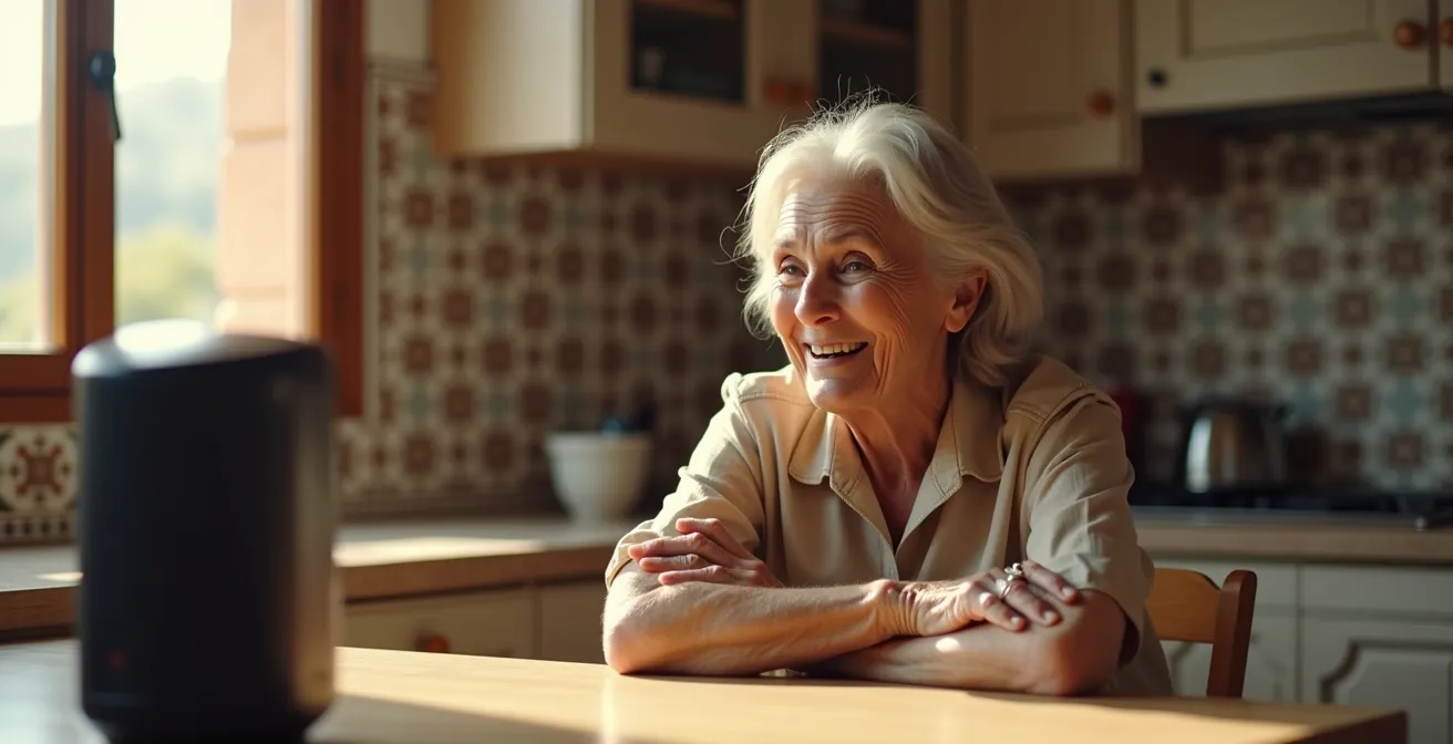Persona mayor interactuando con asistente de voz en su hogar de forma natural