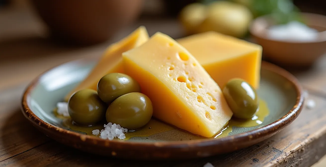 Pequeña tapa de aceitunas y queso manchego preparada en casa