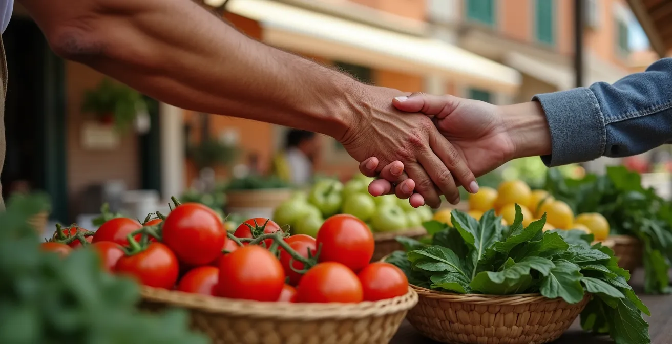 Perspectiva humana y emocional de manos intercambiando productos frescos en mercado local