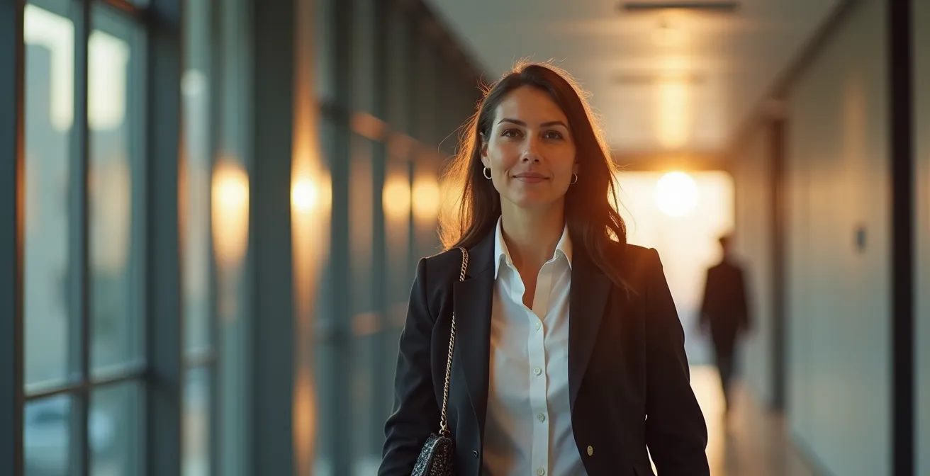 Ejecutivo español practicando meditación activa mientras camina por pasillo de oficina