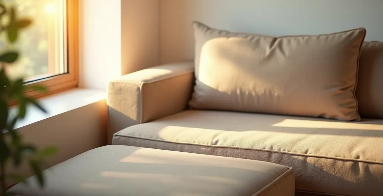 Salón con láminas de control solar en ventanas protegiendo sofá de tela de los rayos UV