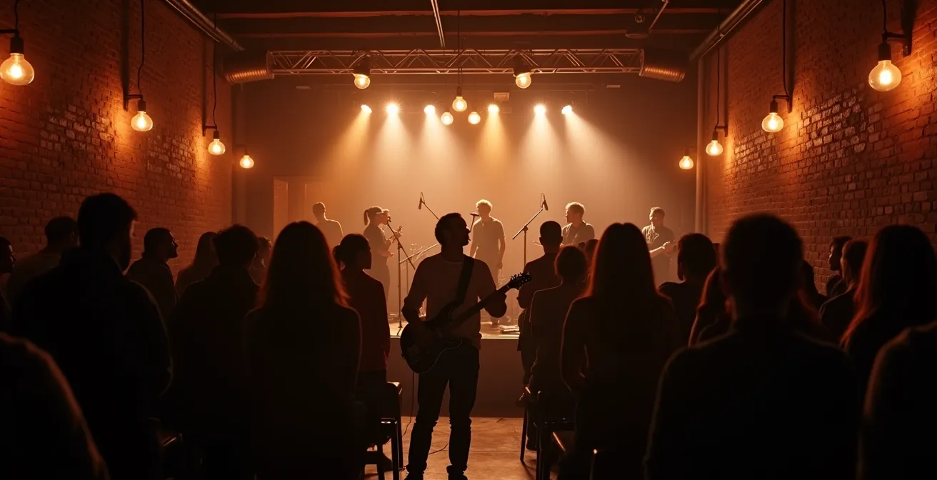 Interior acogedor de sala de conciertos pequeña con músicos y público cercano