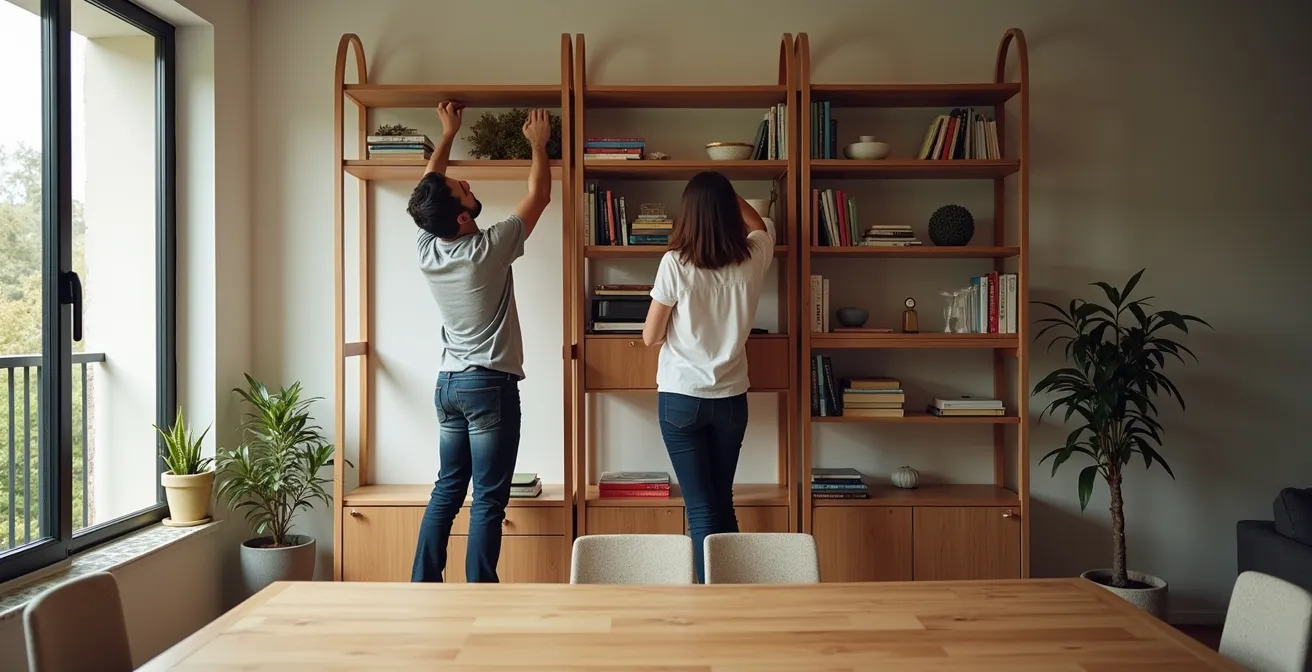 Salón-comedor de 20m² con estantería divisoria y almacenaje vertical optimizado