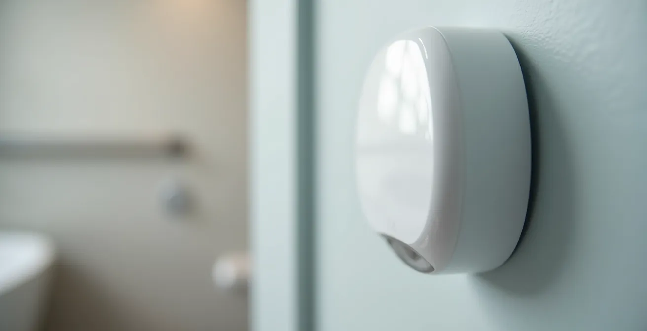 Sensor de detección de caídas instalado en baño adaptado para personas mayores