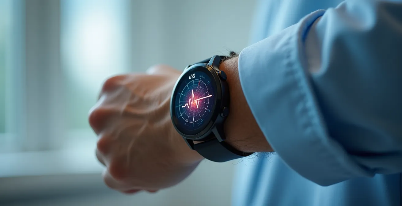 Mano con smartwatch mostrando notificación de salud cardíaca