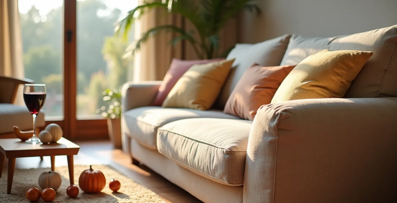 Sofá beige con texturas resistentes en salón familiar español