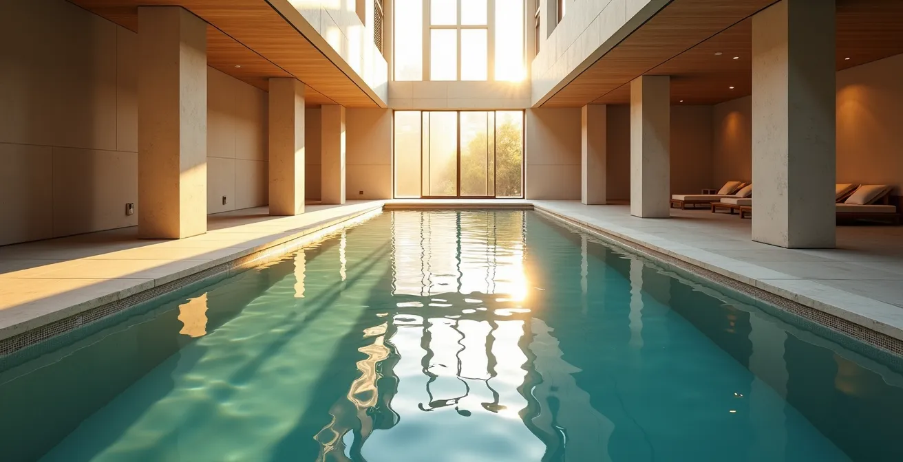 Piscina de spa urbano vacía con luz natural de media mañana reflejada en el agua