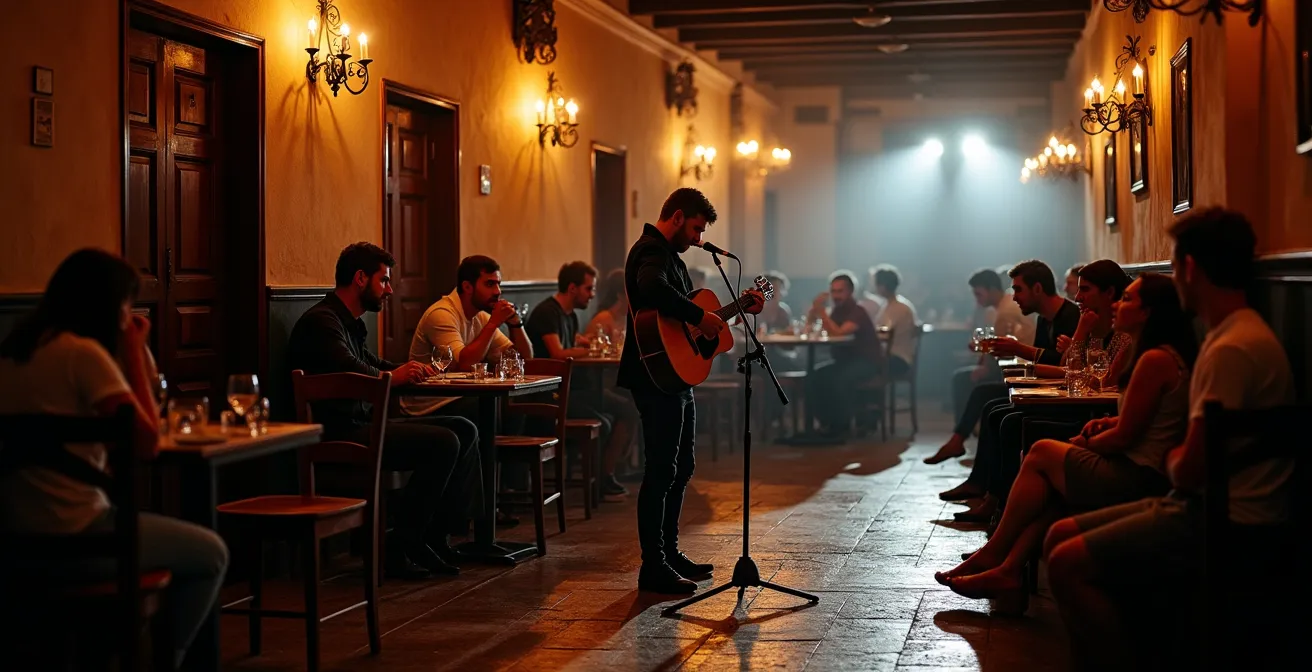 Interior íntimo de peña flamenca auténtica con público local y artista apasionado