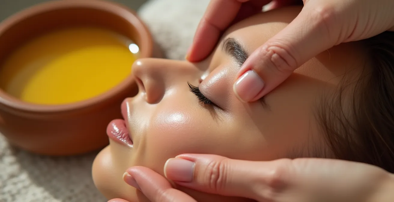 Primeros planos de manos realizando movimientos de drenaje linfático en rostro