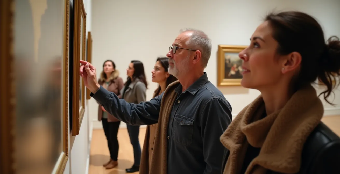 Grupo diverso de personas observando arte desde diferentes ángulos en una galería