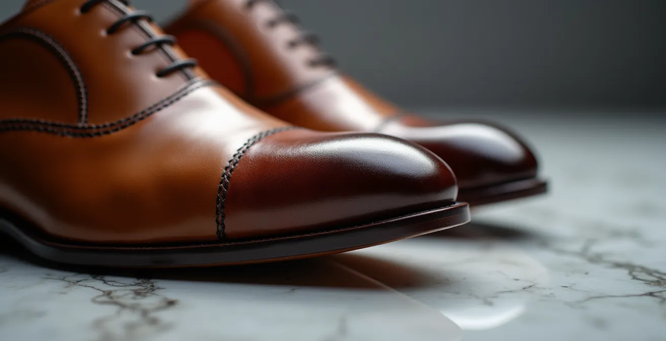 Detalle macro de zapatos castellanos de cuero pulido reflejando luz natural