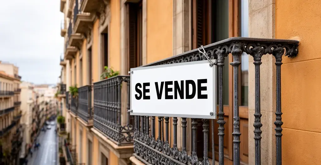 Cartel inmobiliario Se Vende en balcón de edificio barcelonés típico
