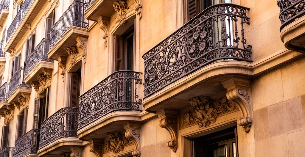 Fachada edificio residencial típico Eixample Barcelona con balcones modernistas
