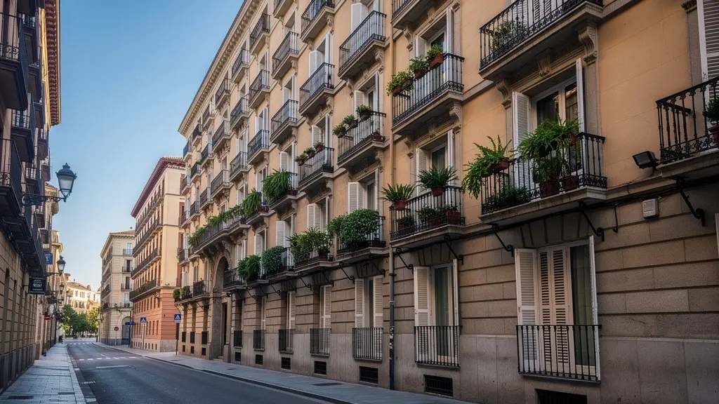 Fachada de edificio residencial con balcones típicos en barrio Salamanca de Madrid