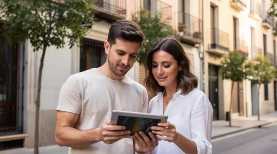 Pareja expatriada consultando información inmobiliaria frente a edificio residencial madrileño