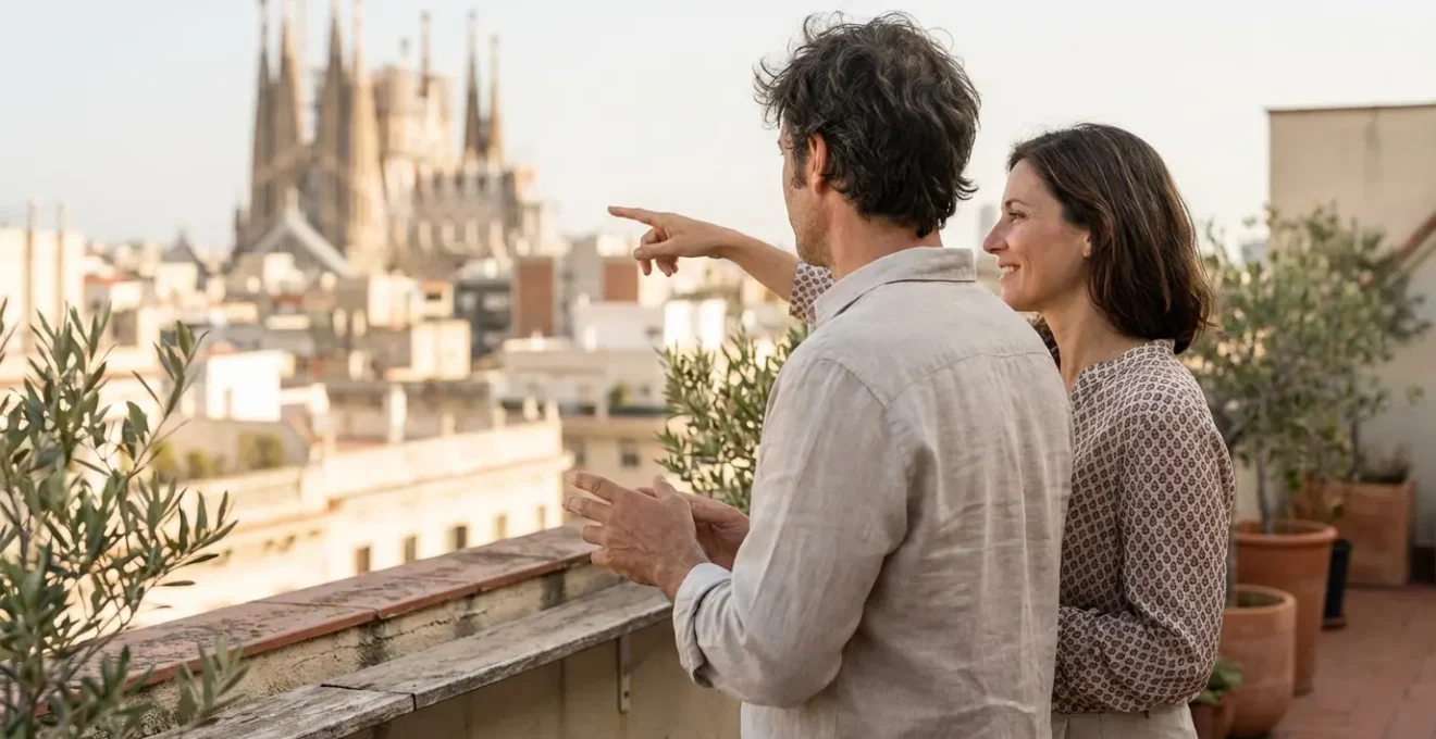 Pareja observando edificios residenciales Barcelona desde terraza urbana
