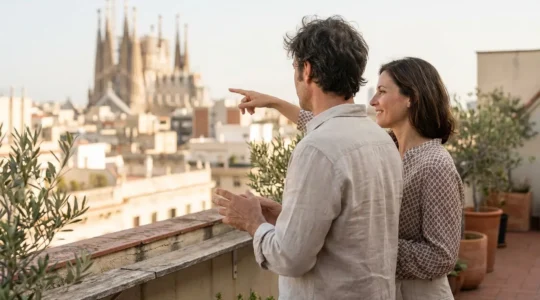 Pareja observando edificios residenciales Barcelona desde terraza urbana