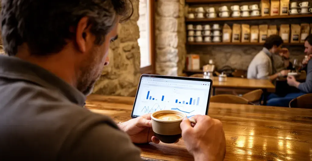 Persona consultando datos inmobiliarios en smartphone en café barcelonés